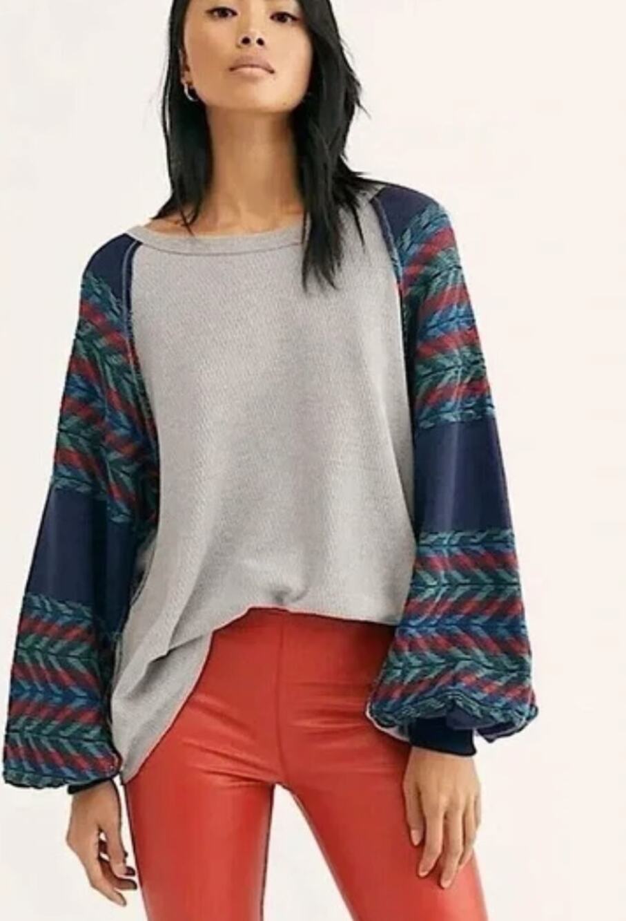 Free People Rainbow Dreams Thermal Aztec Print Top Shirt Oversized Size Small